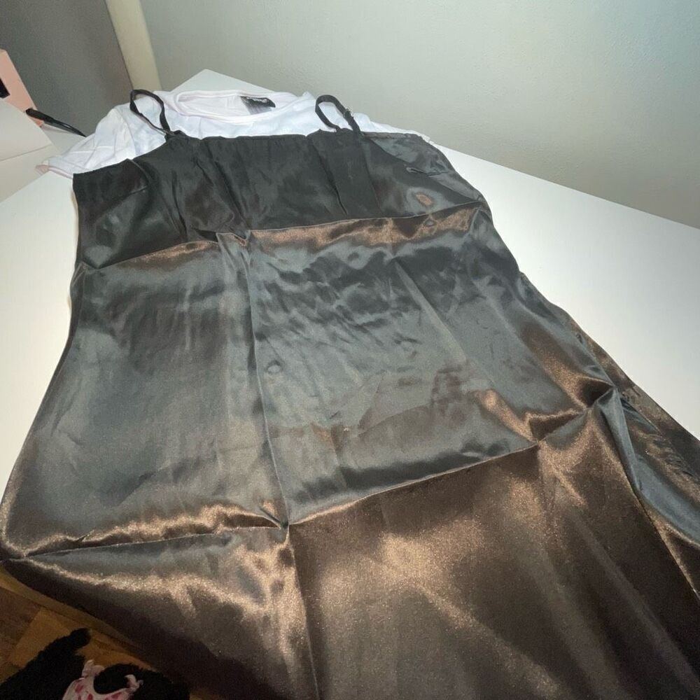 90s outfit black satin dress with white crop top, grunge, homecoming, cosplay,